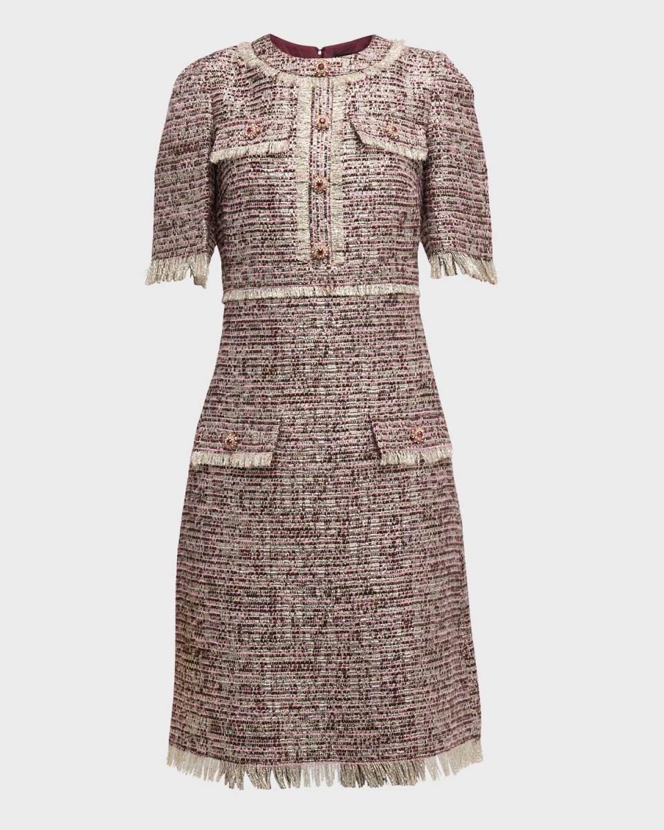 Shimmer Fringe-Trim Tweed Dress